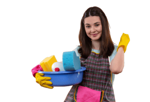Professional cleaner in Ashford holding cleaning tools and supplies