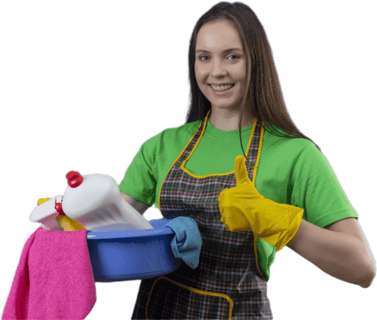 Female cleaner carrying cleaning supplies and giving thumbs up in Ashford