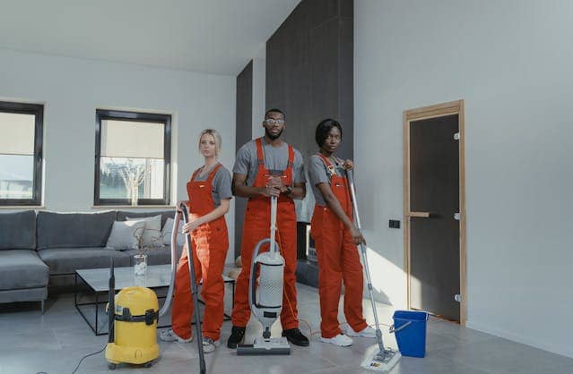 Group of professional cleaners standing with cleaning equipment in a sitting room in Ashford